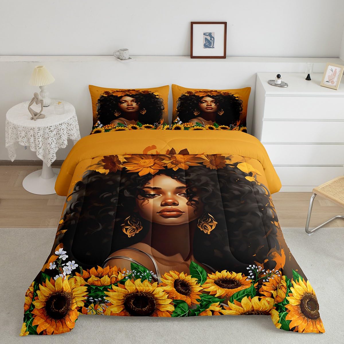 Homewish American African Comforter Set Queen Size,Lovely Black Woman Bedding Set for Kids Girls Teens Adult Room Decor,3D Sunflower Quilt Set 3Pcs Nature Romantic Beauty Duvet Insert,2 Pillowcases