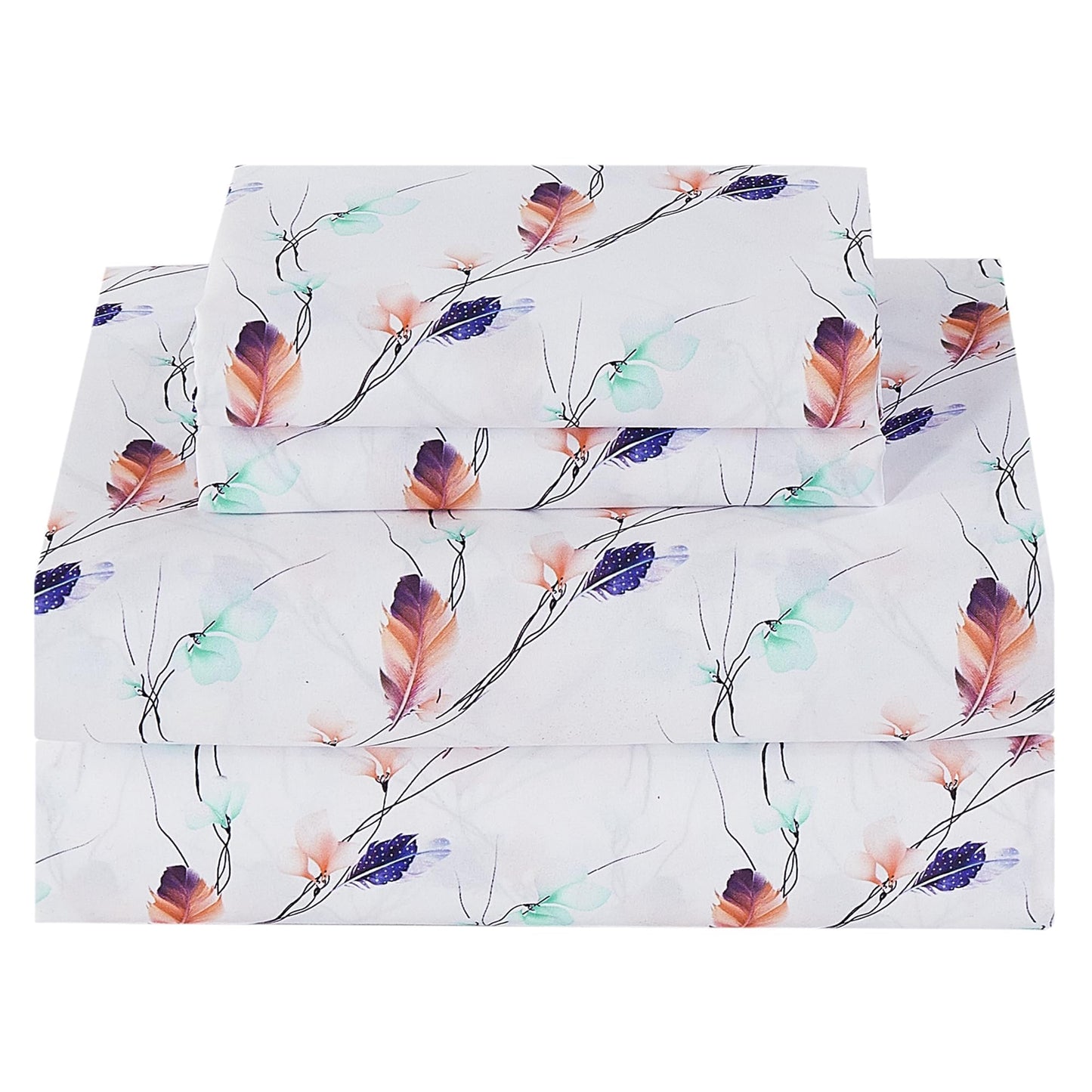 Softan Floral Full Sheet Set, Cozy Microfiber Pastel Blooms Printed Fitted Bed Sheet with 15" Deep Pockets & Non-Slip Straps, Feather Patterned Sheets & Pillowcase Set