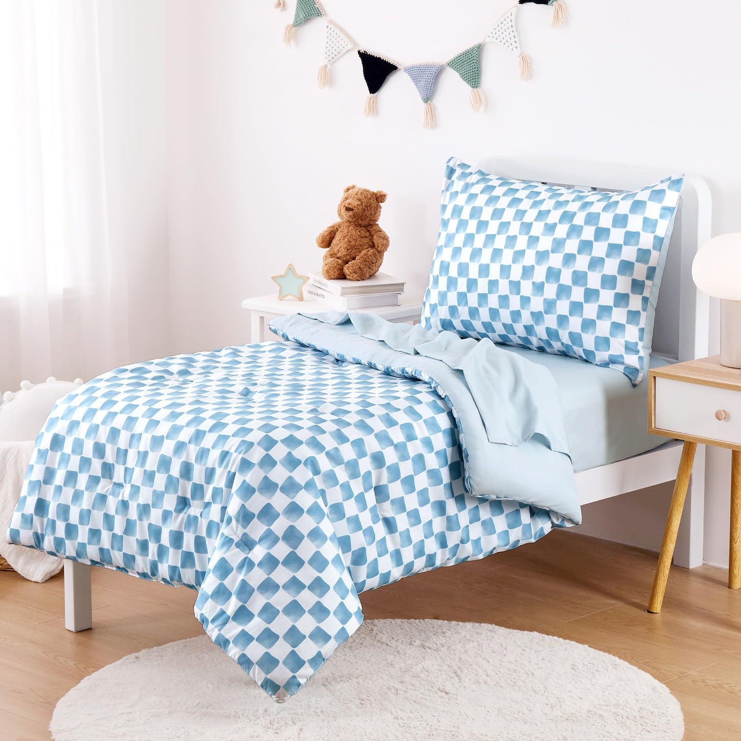 Wake In Cloud - Toddler Bedding Set for Boys Girls, Cute Gingham Grid Checkered, 4 Pieces Soft Crib Bed Set Including Comforter, Sheets and Pillowcase, Blue White