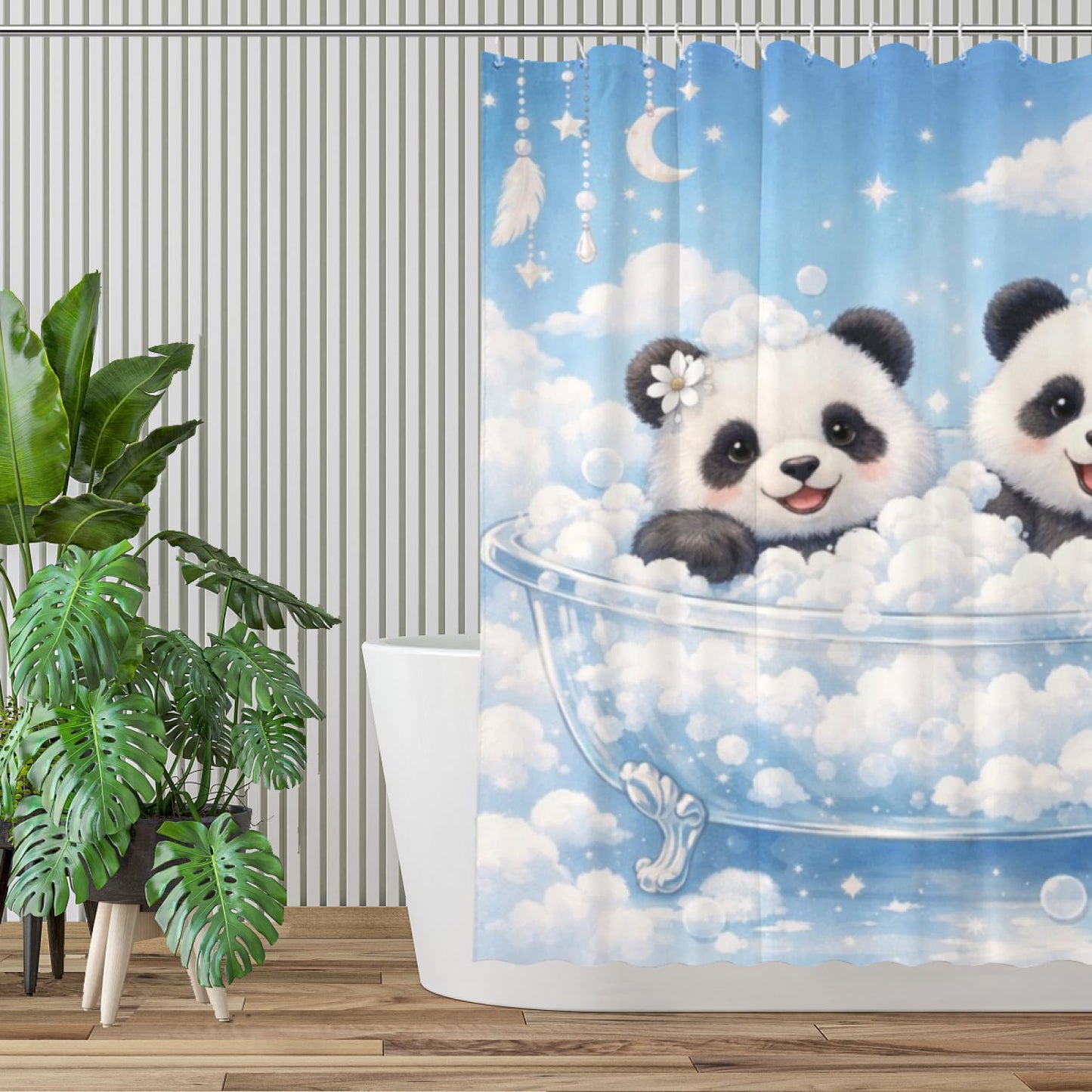 REZHOCH Dreamy Funny Panda Shower Curtain 72x72Inch,Cute Animal Home Bathtub Bathroom Decor,Boho Sky Cloud Bubble Bath,Blue Waterproof Fabric Bath Curtain Set with 12 Hooks