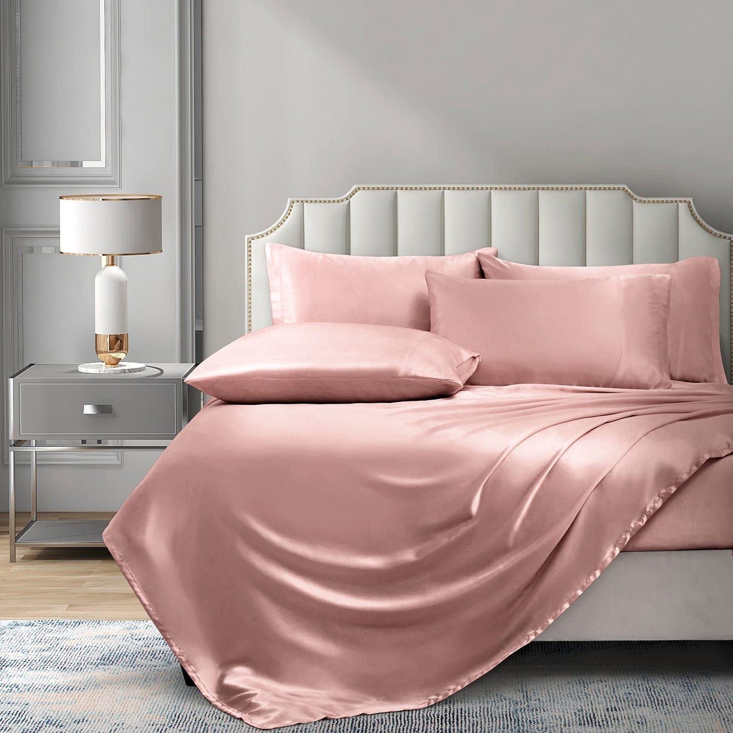 Pothuiny Satin Sheets King - Luxury Silky Satin Bed Sheets, Extra Soft Sheet Set (6 Pieces, Champagne) - 1 Fitted + 1 Flat + 4 Pillow Cases