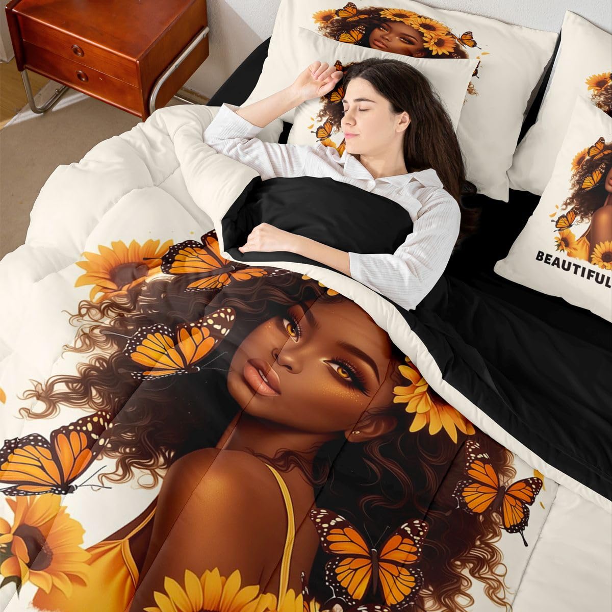 Erosebridal Beautiful Black Girls Queen Bedding Set Vibrant Sunflower Comforter Set with Flat and Fitted Sheet Teen Women Cute Butterfly 7-Piece Bed in a Bag Minimalist Art Quilt Sets