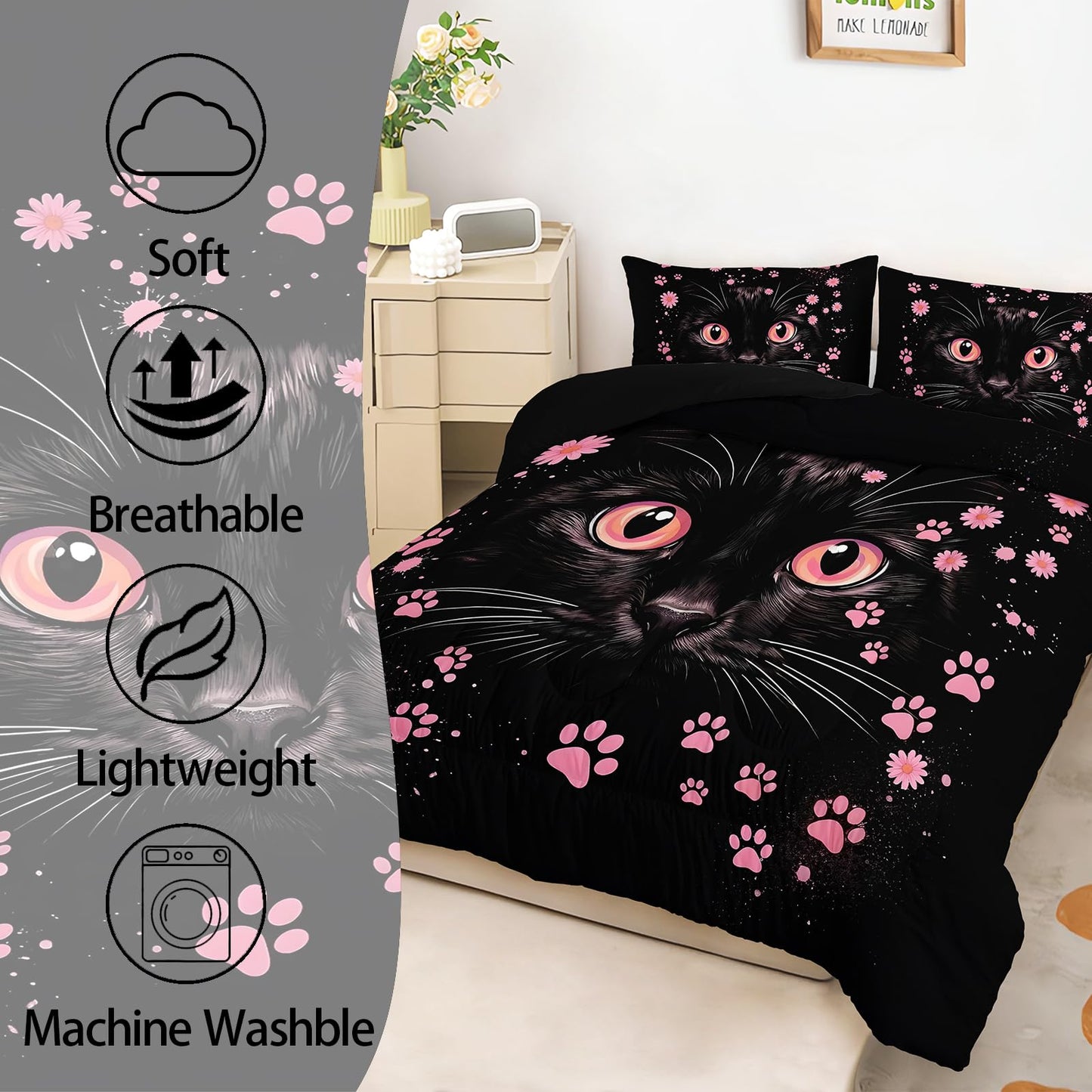 AILONEN Floral Cat Portrait Queen Comforter Set, Black Kitty Face with Blush Paw Prints, 3 Piece 1 Comforter + 2 Pillowcases, Cute Room Theme