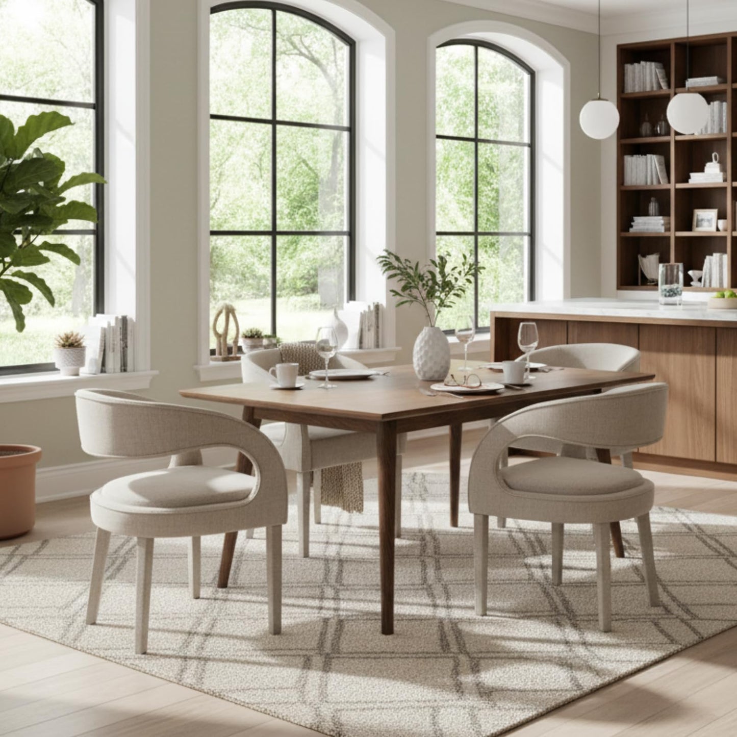 CIMOTA Modern Dining Chairs Set of 4, Upholstered Linen Kitchen & Dining Room Chairs Kitchen Chairs with Arms/Open Back Comfy Accent Chairs for Living Room/Bedroom, Linen Beige/4PCS
