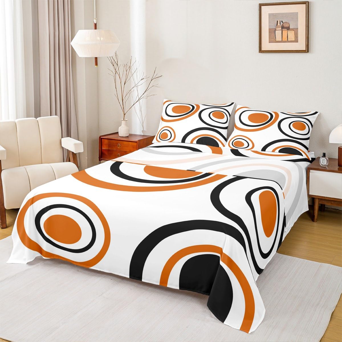 Erosebridal Orange Abstract Bed Sheets Full Size Modern Geometric Circles Flat Fitted Sheet Boho Art Aesthetic Striped Sheet Set Minimalist Black White Abstract Sheets