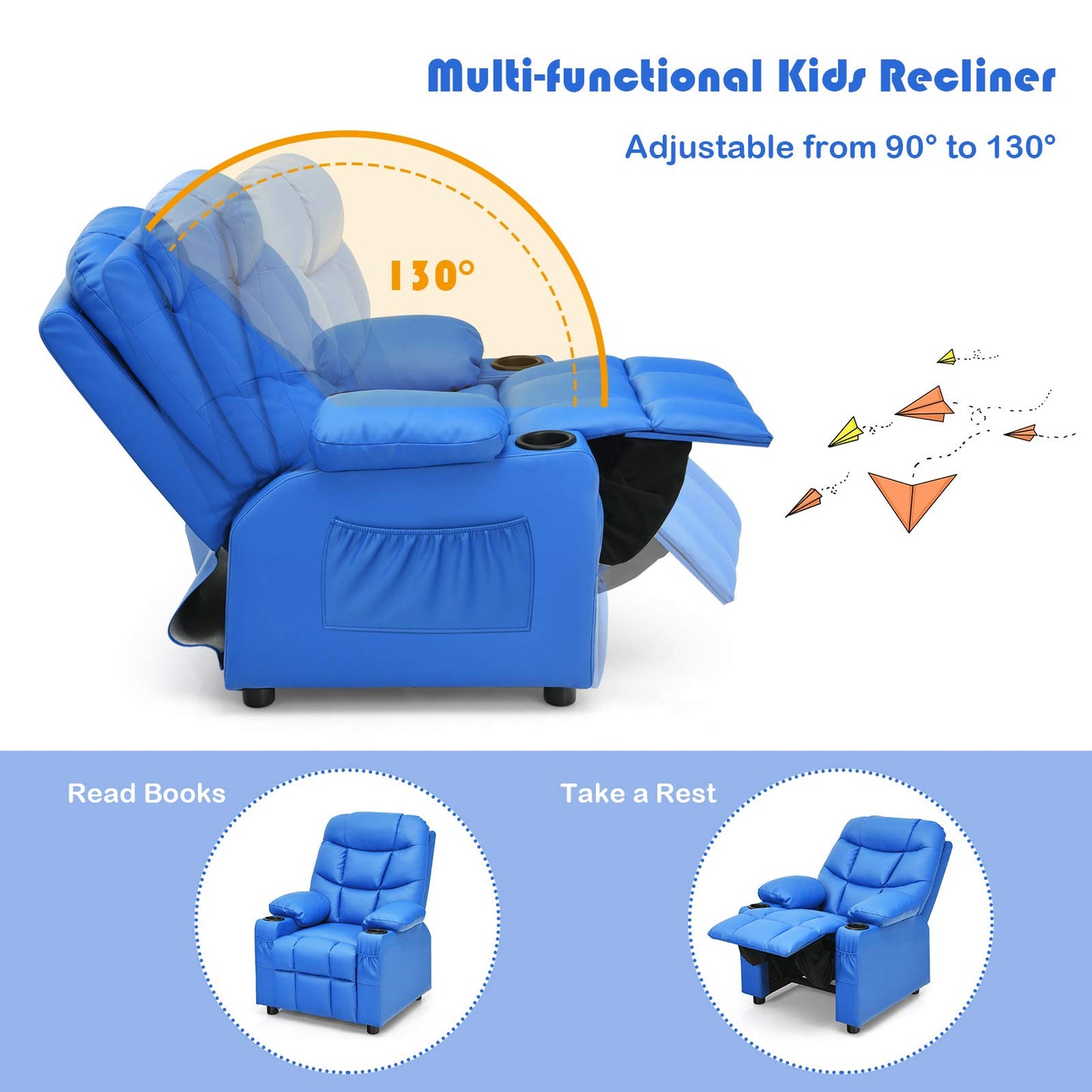 Costzon Kids Recliner Chair with Cup Holder, Adjustable Leather Lounge Chair w/Footrest & Side Pockets for Children Boys Girls Room, Ergonomic Toddler Furniture Sofa, Kids Recliner (Blue)