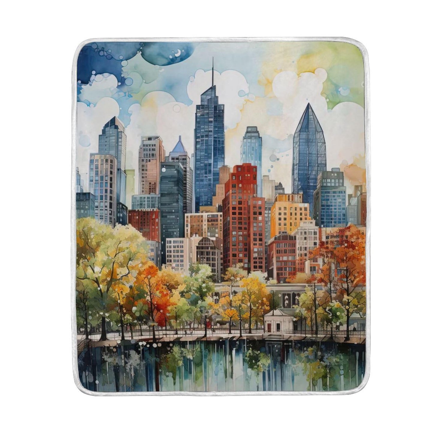XYMZR City Skyline Watercolor Fleece Throw Blanket – 50 x 60 Inch, Premium Crystal Velvet & Arctic Fleece, Plush, Soft, Cozy, Warm, Lightweight Blanket for Bedroom, Sofa, Office