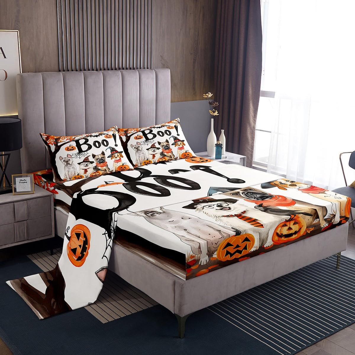 Feelyou Halloween Bed Sheets Sets Full Size Kids Boys Girls Pumpkin Bedding Set Maple Fall Leaves Bed Sheet Set with 16-Inch Deep Pockets Spider Web 4Pcs with 2 Pillow Cases