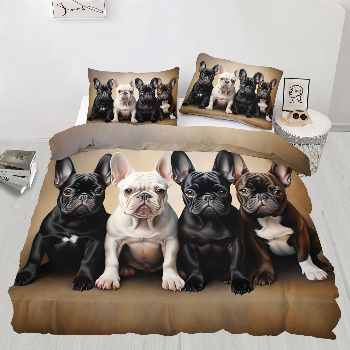 Dog Print Duvet Cover Queen Size - Cute Puppy Home Decor & Gifts, 3 Piece Back to School Dorm Bedding, Easy Care Microfiber Comforter Cover & Pillowcases, French Bulldog Lover