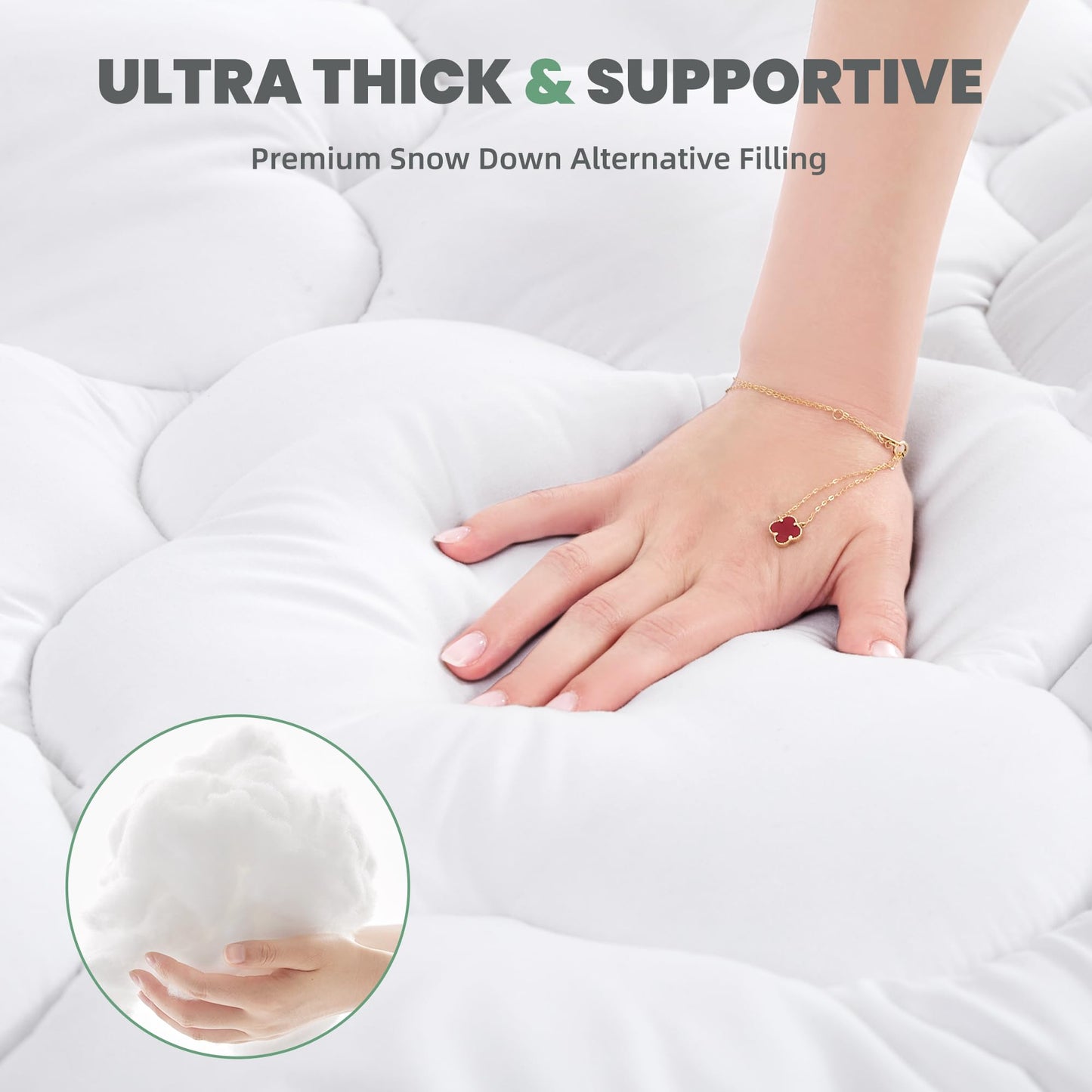 BDEUS Twin Mattress Pad, Extra Thick 1450GSM Mattress Topper, Four Leaf Clover Soft Mattress Protector Cover with 21" Deep Pocket for Back Pain Relief, 3D+7D Down Alternative Fill Overfilled, White