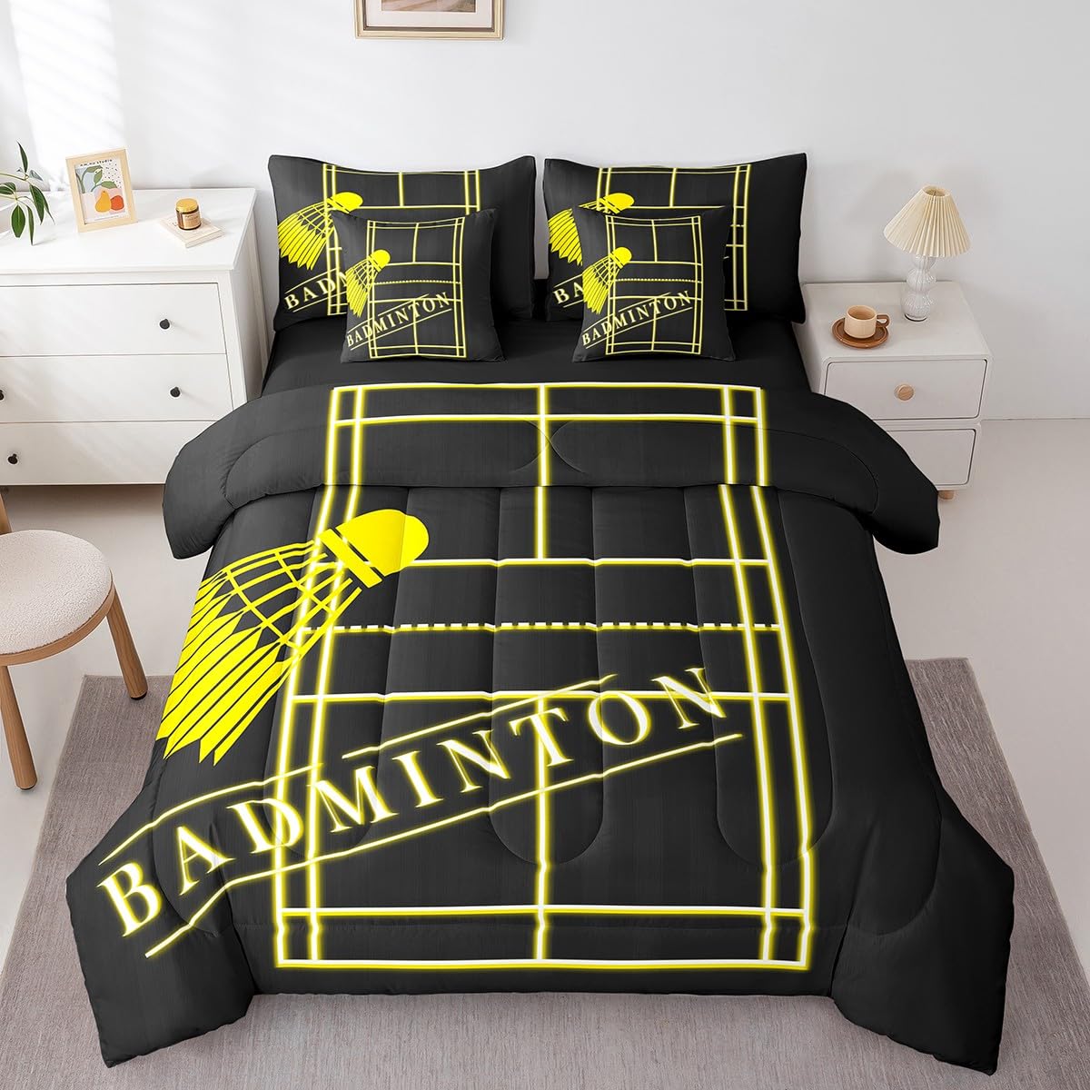 Sport Full Comforter Set 7 Pieces Badminton Bedding Comforter Sets for Boys, Black Yellow Bed in a Bag Gold Gradient Neon Bedding Set, Sports Themed Bed Sheets Set Breathable (Black Reversible)