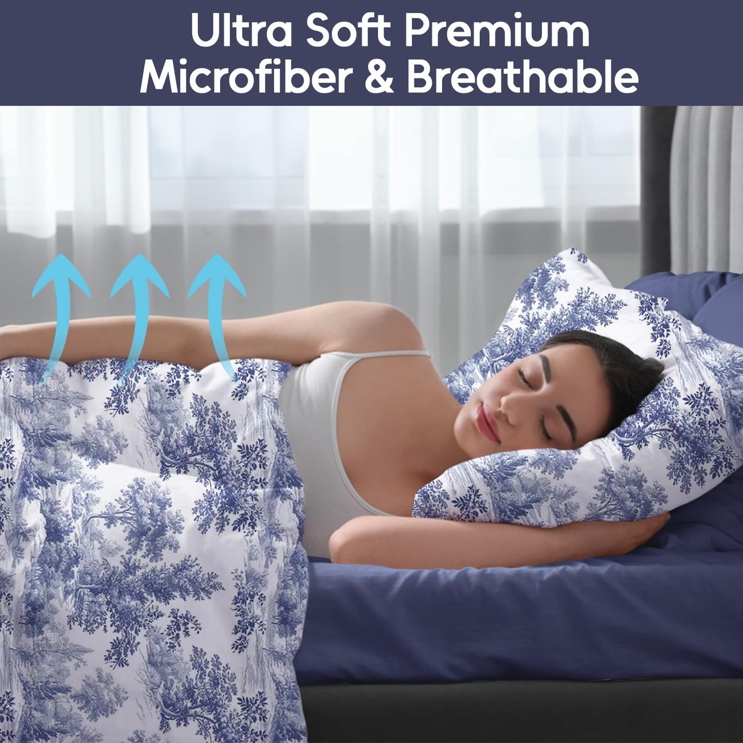 LONAVA Botaincal Queen Size 6 Pcs Sheet Set, Breathable Microfiber Deep Pocket Navy Fitted Sheets, Comfy & Breathable Patterned Flat Sheets,4 Gentle Soft Pillowcases, Blue Forest