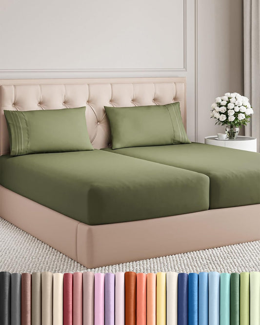 Split King Size 5 Piece Sheet Set - Comfy Breathable & Cooling Sheets - Hotel Luxury Bed Sheets for Women & Men - Deep Pockets, Easy-Fit, Soft & Wrinkle Free Sheets - Sage Green Oeko-Tex Bed Sheet Set