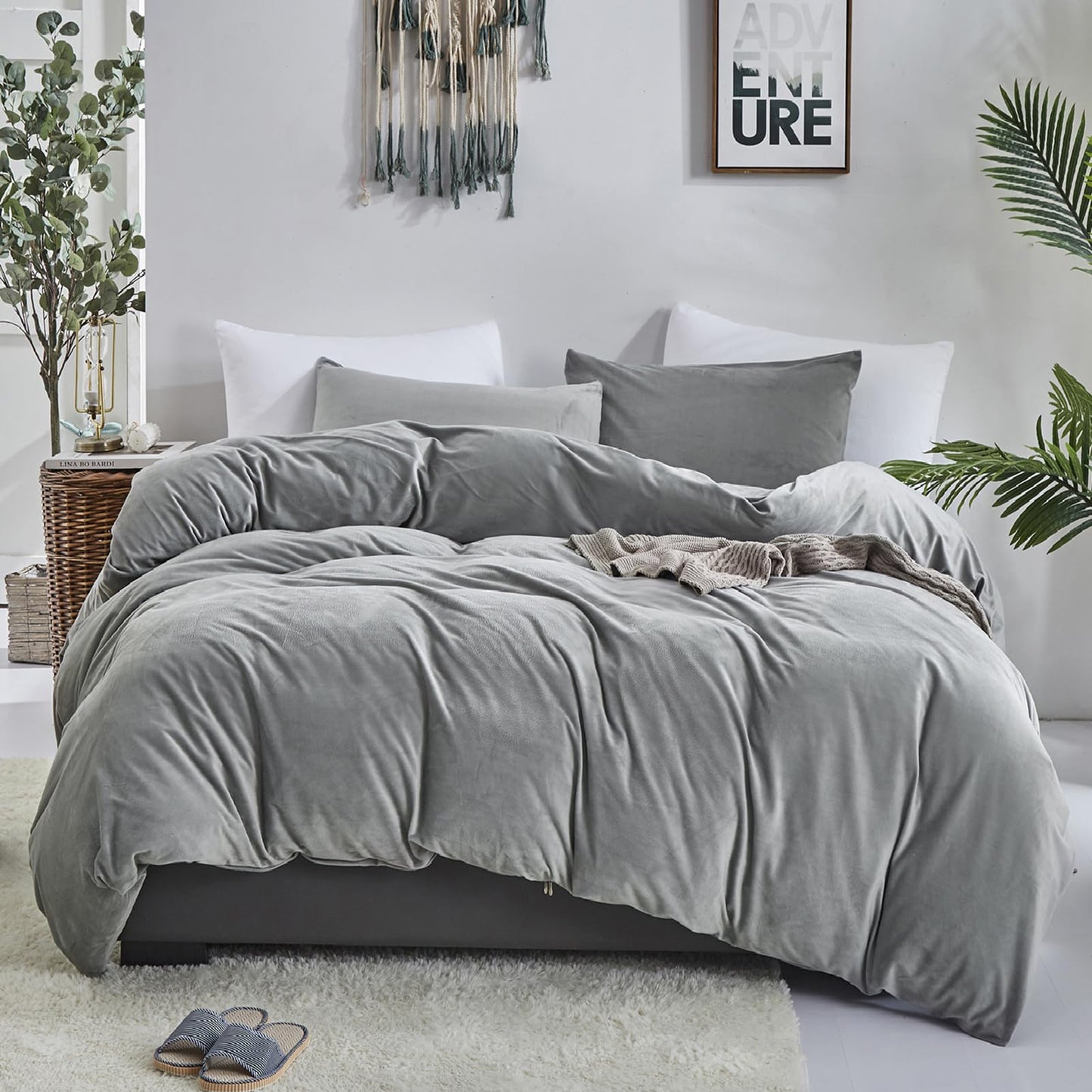 Luxlovery Grey Velvet Comforter Set Queen Men Women Plush Fluffy Dark Grey Bedding Comforter Set Flannel Heavyweight Winter Thick Warm Comforter Set
