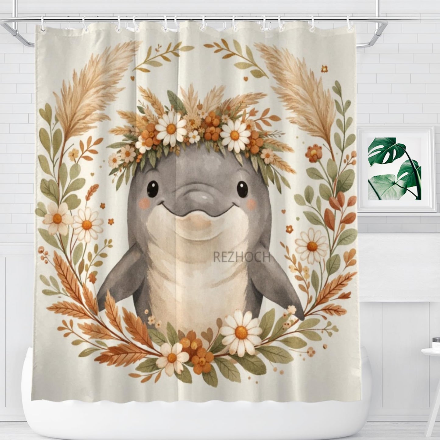 REZHOCH Boho Funny Dolphin Shower Curtain 72x72Inch,Floral Cute Animal Home Bathroom Decor,Bohemian Wildlife Flower Crown,Rustic Farm Nature Neutral Beige Bath Set with Hooks