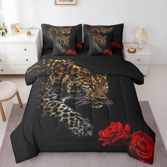 Erosebridal Leopard 7 Piece Bedding Set King Size Cheetah Bed in A Bag Rose Flower Comforter with Sheets African Savanna Animal Bed Sets