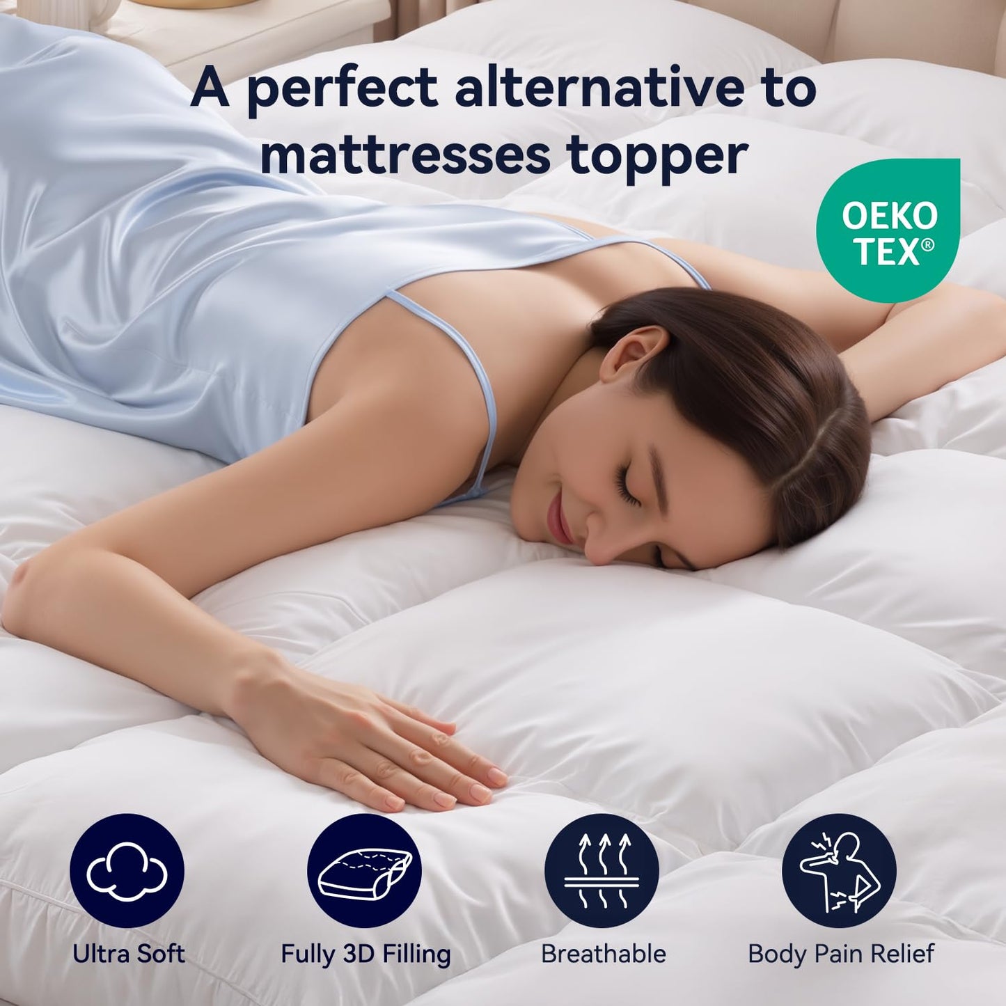 Topllen Queen Mattress Topper for Back Pain Relief – Extra Thick Pillow Top Plush Mattress Pad with Deep Pocket, Soft Pillowtop Queen Size Bed Toppers Filled Fluffy Down Alternative, White