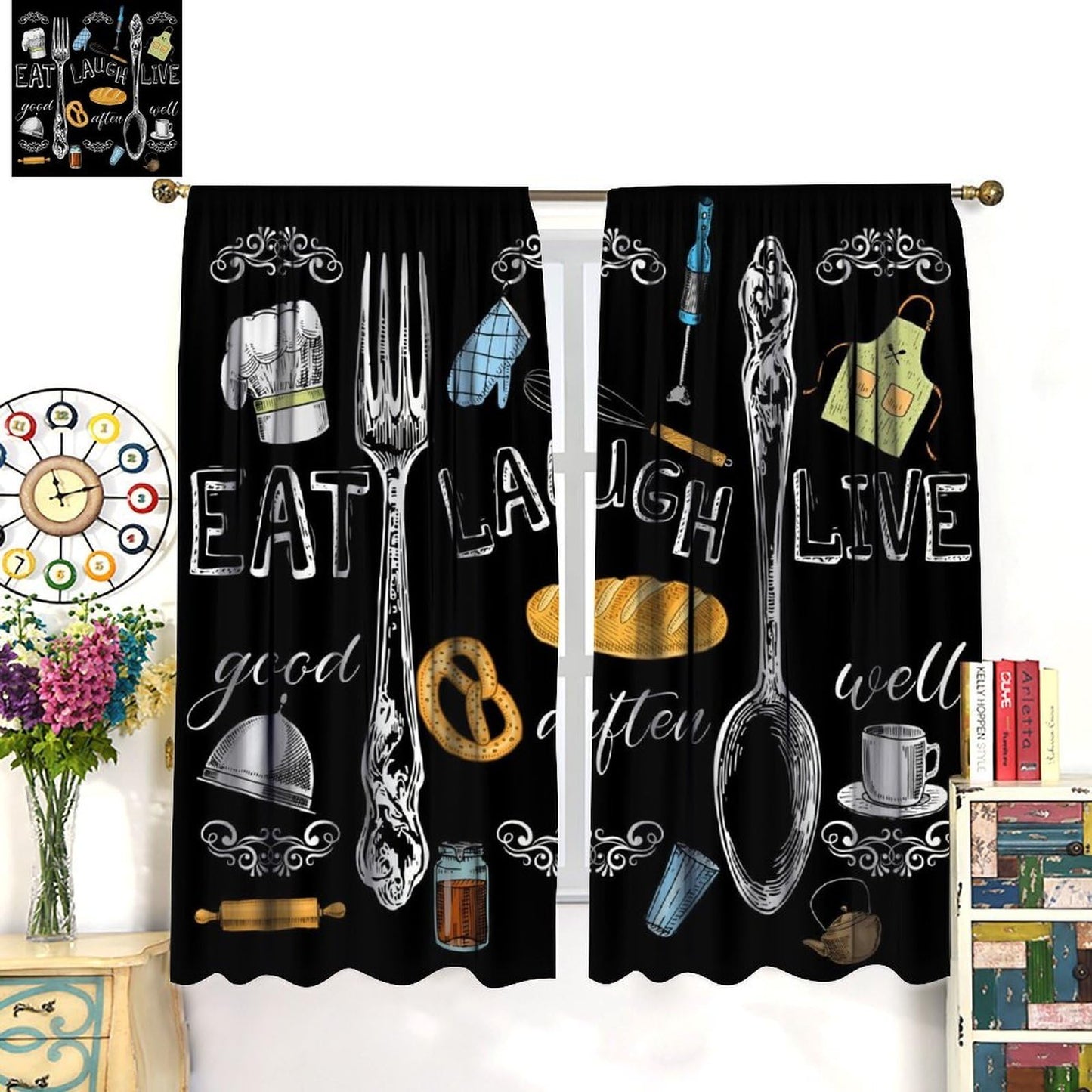 Djaby Farmhouse Retro Kitchen Curtains, Vintage Fork Spoon Cook Theme Cafe Window Treatment Drapes for Bedroom Living Room Dining Room 42" W X 45" L(No Blackout)
