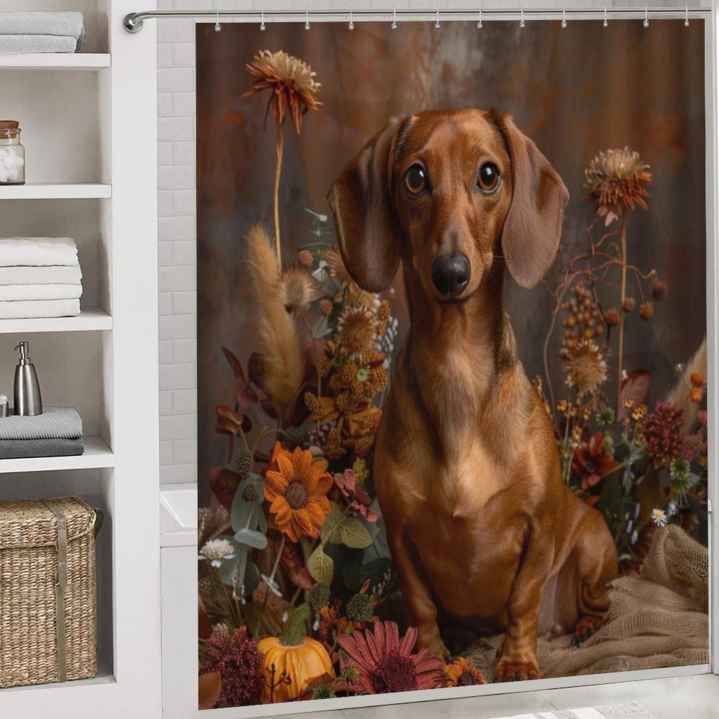 TOWINSFB 4Pcs Cute Dachshund Sunflower Shower Curtain Set with Toilet Lid Cover Non-Slip Rugs for Bathroom, Playful Dog Retro Floral Daisy Shower Curtain Bathroom Sets with Hooks, 72x72 Inch