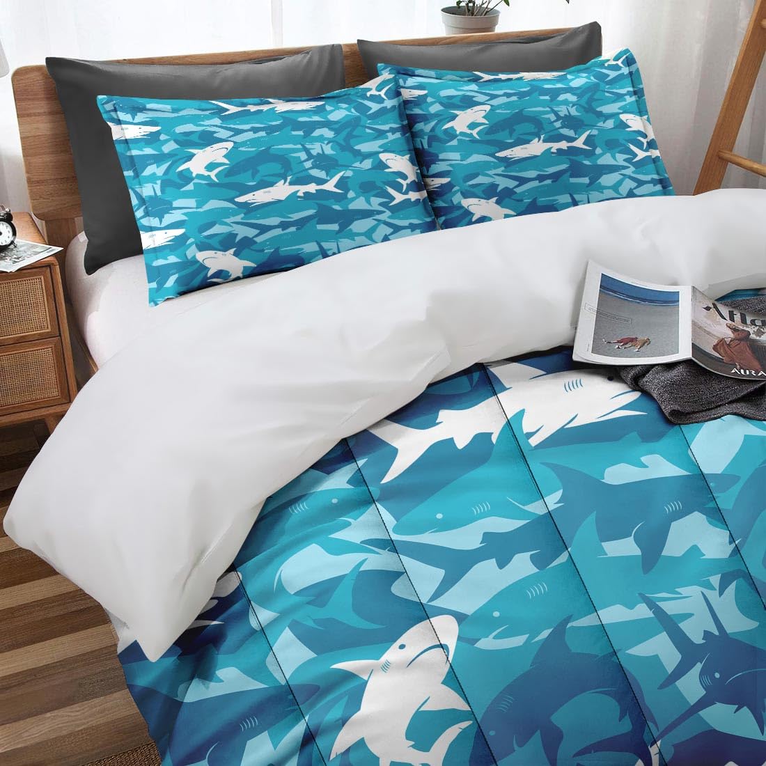 Nesphy Blue Shark King Comforter Set, Ocean Surf Camouflage Bedding Set 3 Piece, All Season Soft Toddlers Children Adults Bedroom Bed Decoration Comforter and 2 Pillow Shams