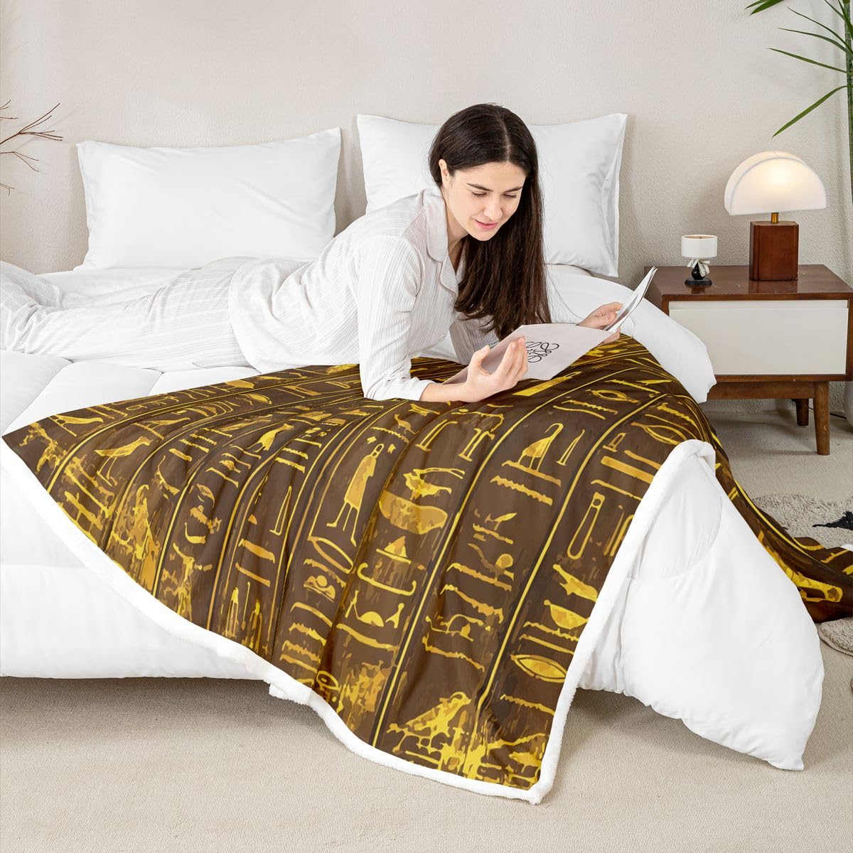 Ancient Egypt Fuzzy Blanket Egyptian Wall Pattern Sherpa Blanket for Sofa Bed Couch Ultra Soft Egypt Culture Fleece Throw Blanket Tribal Bed Decor Fuzzy Blanket Throw 50"x60"