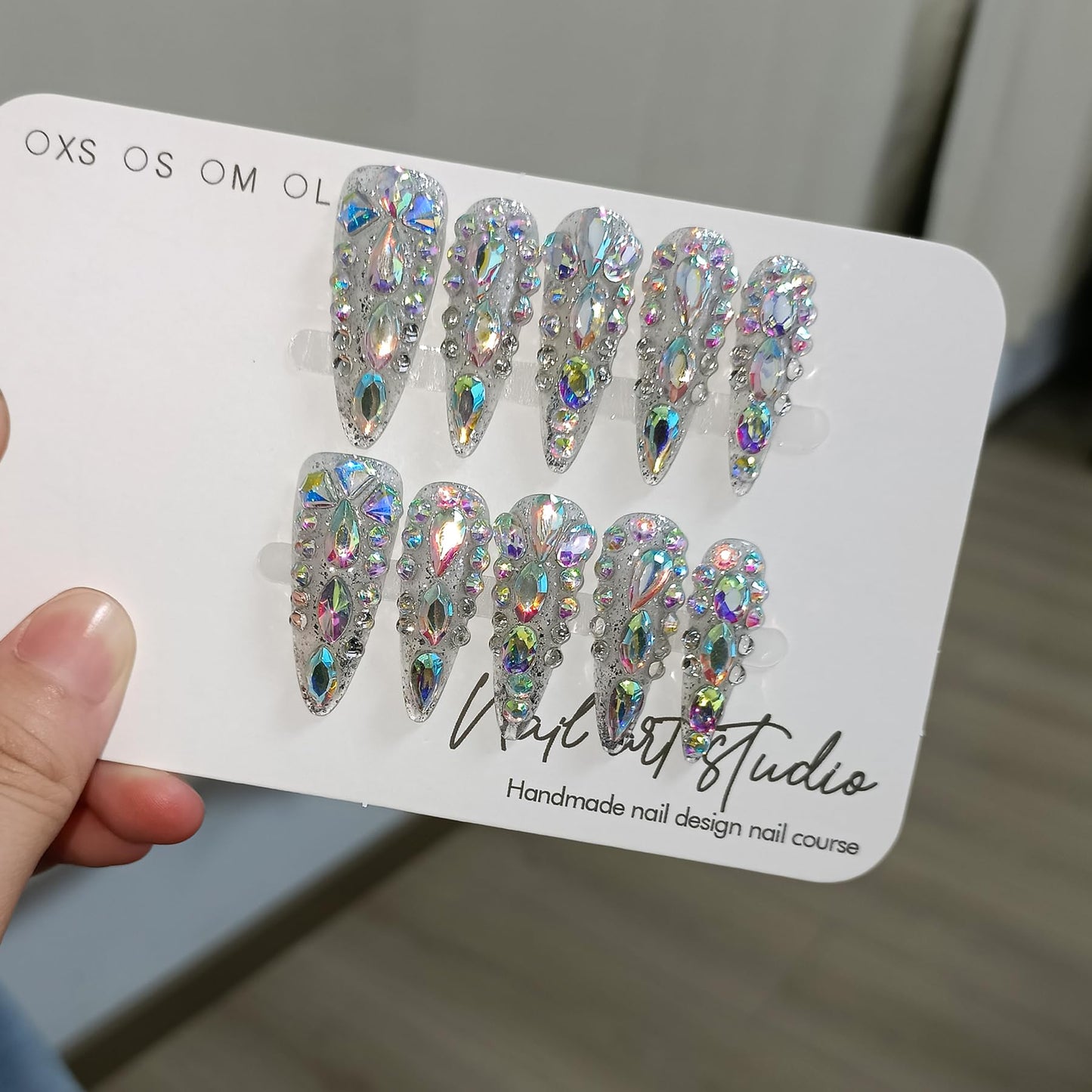 TENPAL 10Pcs Luxury Press On Nails Long Stiletto,Full Cover Crystal Glitter Fake Nail Set with Tools,Reusable Bride Wedding Nails for Bridal Party Bachelorette,Statement Making Glamorous Nail(XS)