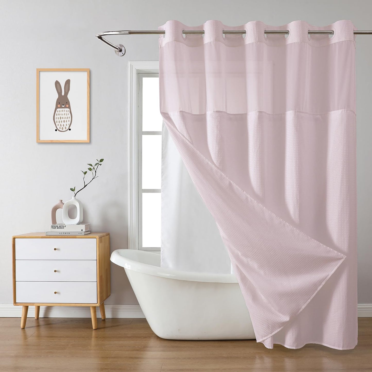 eachope BlushPink Long No Hook Waffle Weave Shower Curtain with snap-in Liner Replacement, 230GSM Waterproof Fabric Hotel Shower Curtain Set for Bathroom, Through Mesh Top Window,71Wx80H