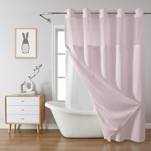 eachope BlushPink Long No Hook Waffle Weave Shower Curtain with snap-in Liner Replacement, 230GSM Waterproof Fabric Hotel Shower Curtain Set for Bathroom, Through Mesh Top Window,71Wx80H