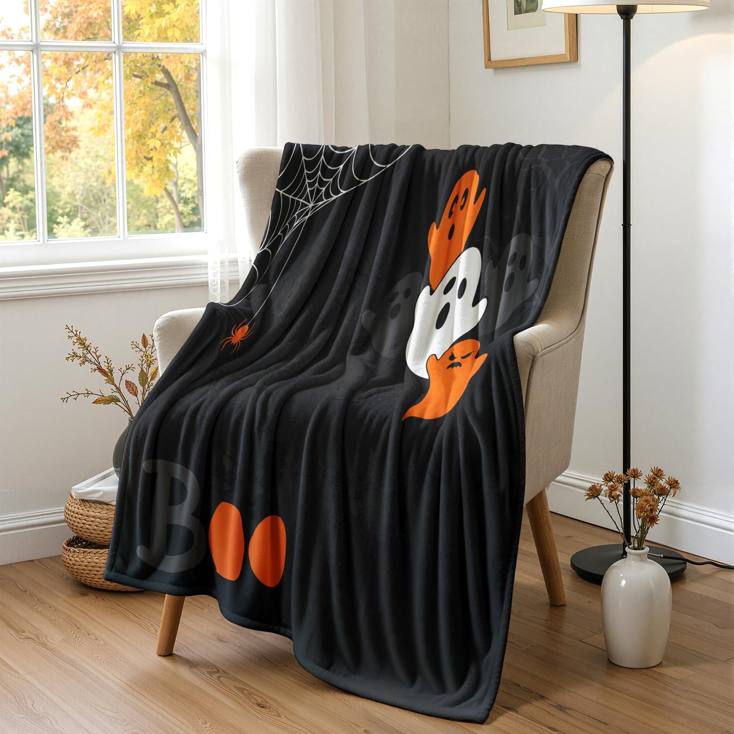 GEDAEUBA Boo Blanket Halloween - Spooky Ghost Spider Web Fleece Blanket Full Size, Soft Cozy Blankets & Throws for Couch, Bed, and Sofa, 84x90 inches