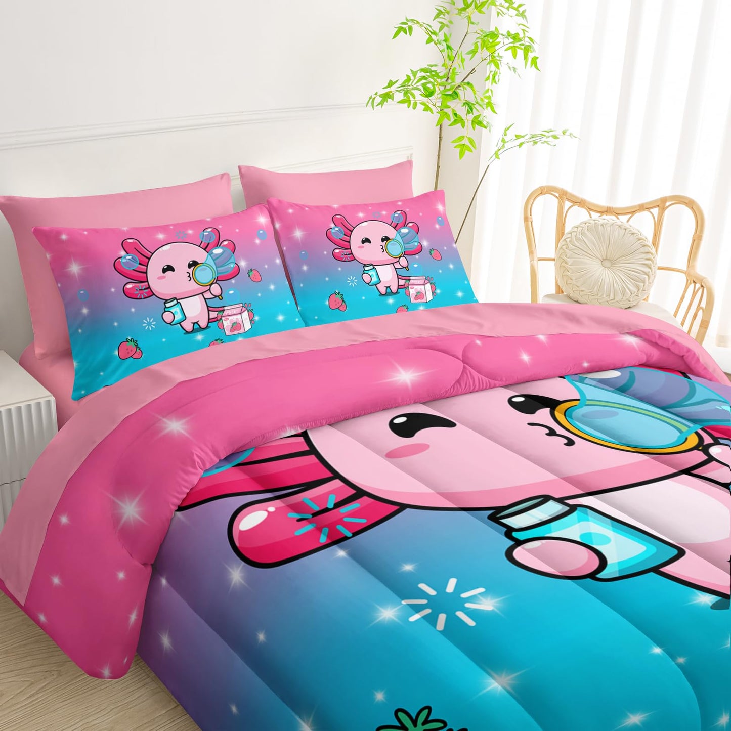 QOOMO Axolotl 7 Pieces Comforter Set Queen Size,Salamander Bedding Set for Kids-Include 1 Comforter,1 Fitted Sheet,1 Flat Sheet,2 Printing Pillowcases and 2 Pink Pillowcases