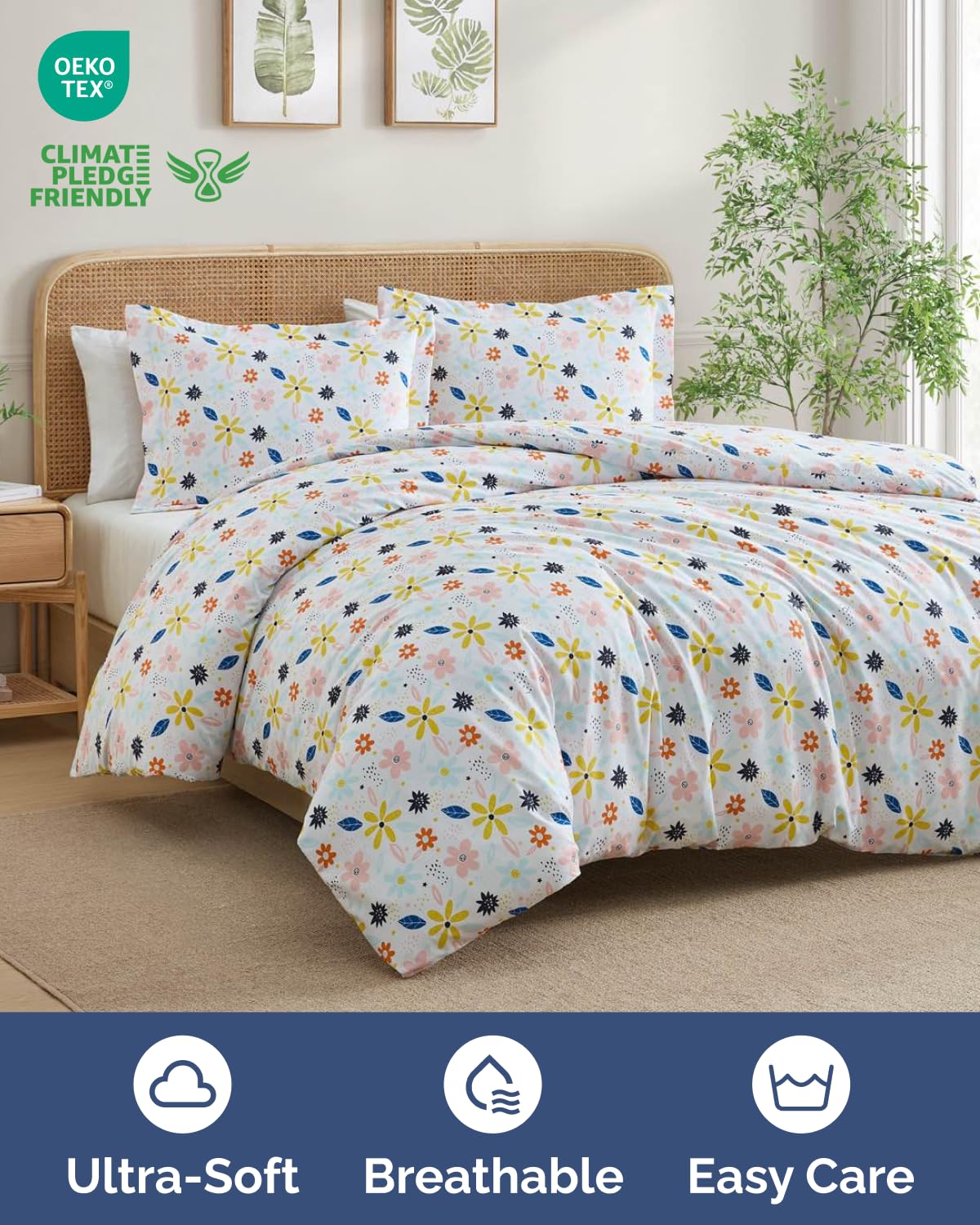 Duvet Cover Twin/TXL Size Set - Extra Soft Floral Duvet Cover 68 x 90 with 1 Pillow Sham - Comfy, Breathable Bedding Set - Hotel Luxury & Fade Free with Zipper Closures & Ties - Sunshine Floral