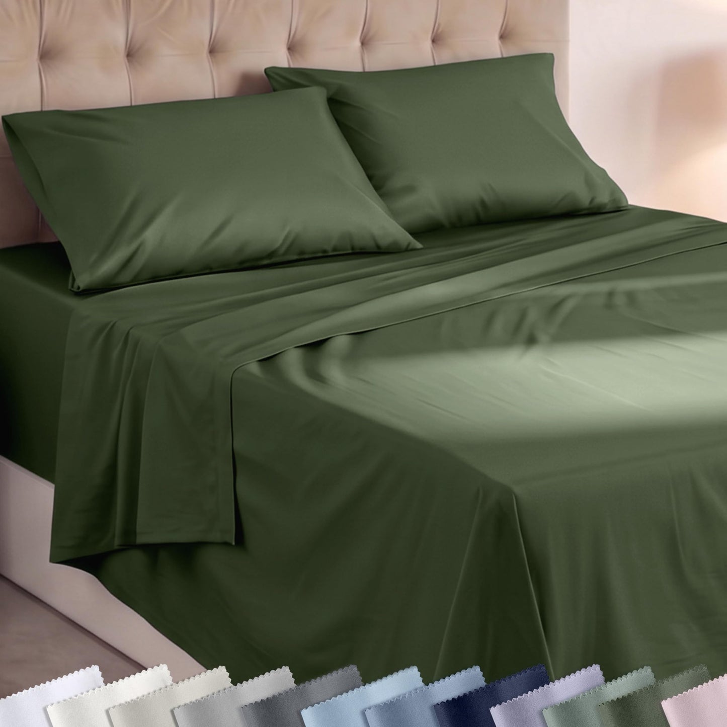Super Soft 100% Cotton Queen Bedsheets Set - 4 Pcs - Durable Sheets, Deep Pockets, Easy Fit, Lightweight & Breathable, Suitable For Hot Sleepers & All Seasons, Minimal Wrinkles - Olive Green