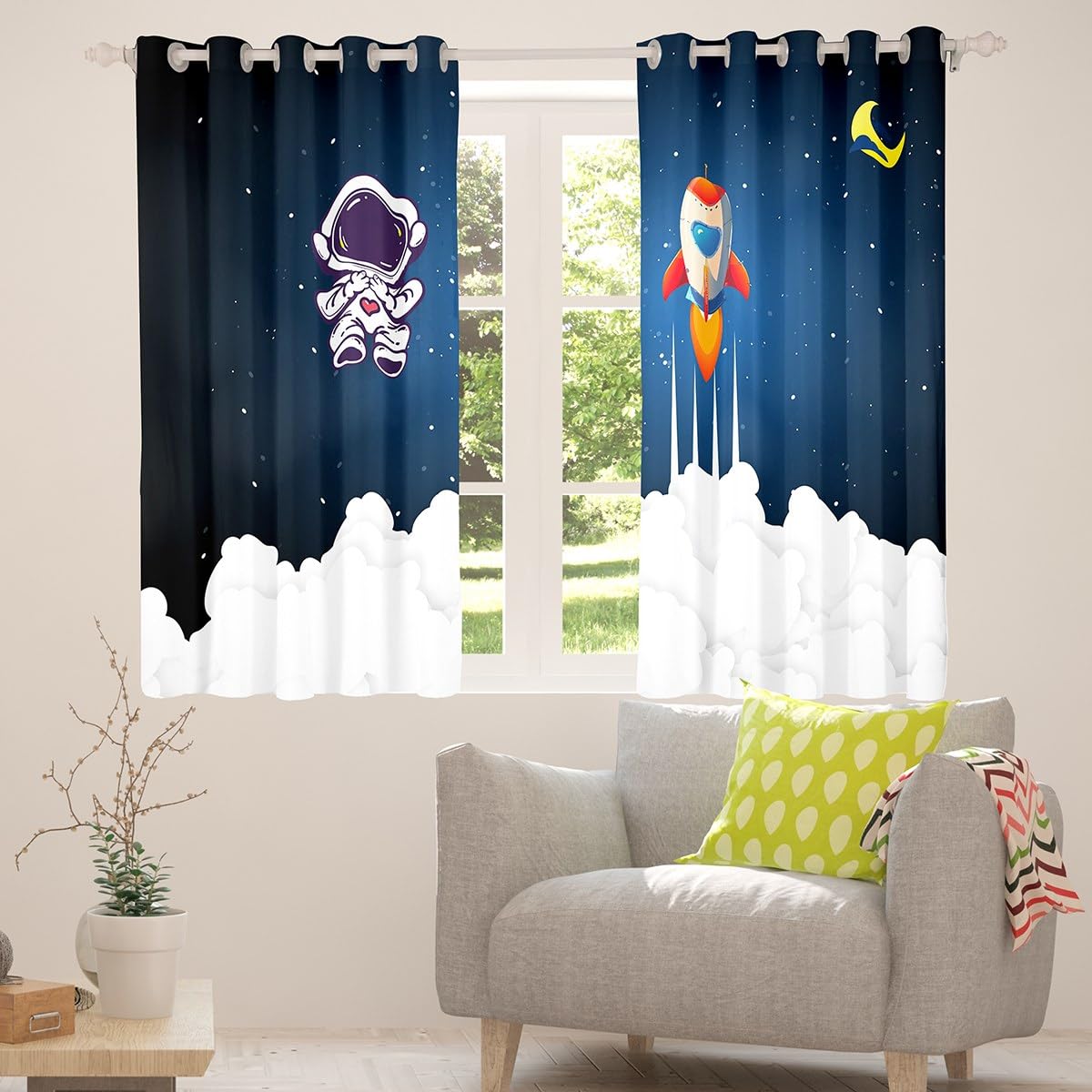 Kids Astronaut Rocket Window Curtains for Bedroom Living Room Cartoon Space Rocket Curtains Galaxy Cosmonaut Spaceman Window Drapes Boys Girls Outer Space Window Treatments,52x84 Inches,2 Panels