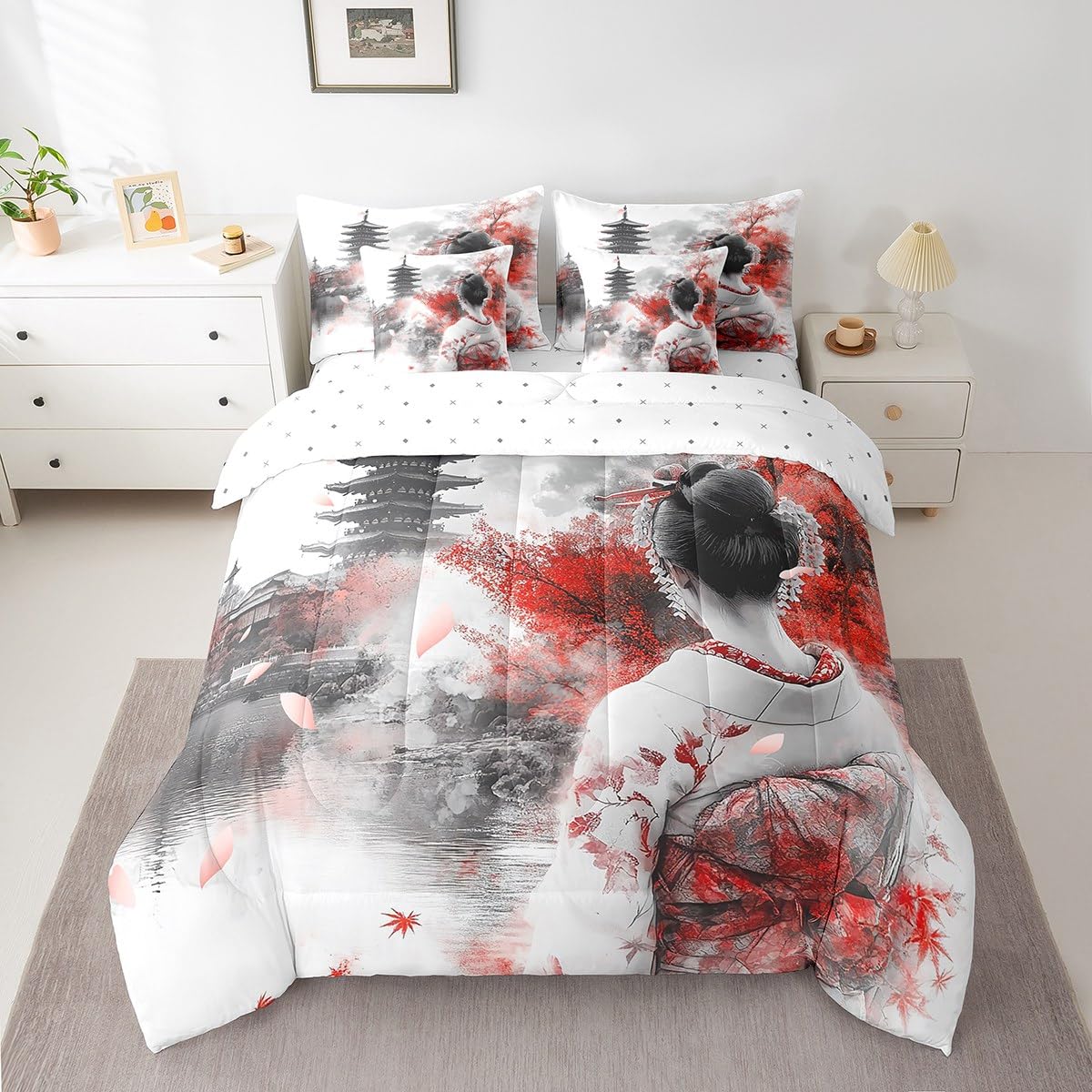 Feelyou Japanese Geisha Comforter Set Twin 7 Pcs Cherry Blossoms Maple Leaf Lake Bedding Set Japanese Style Traditional Architecture Bed in a Bag with Comforter, Sheets, Pillowcases & Cushion Cover