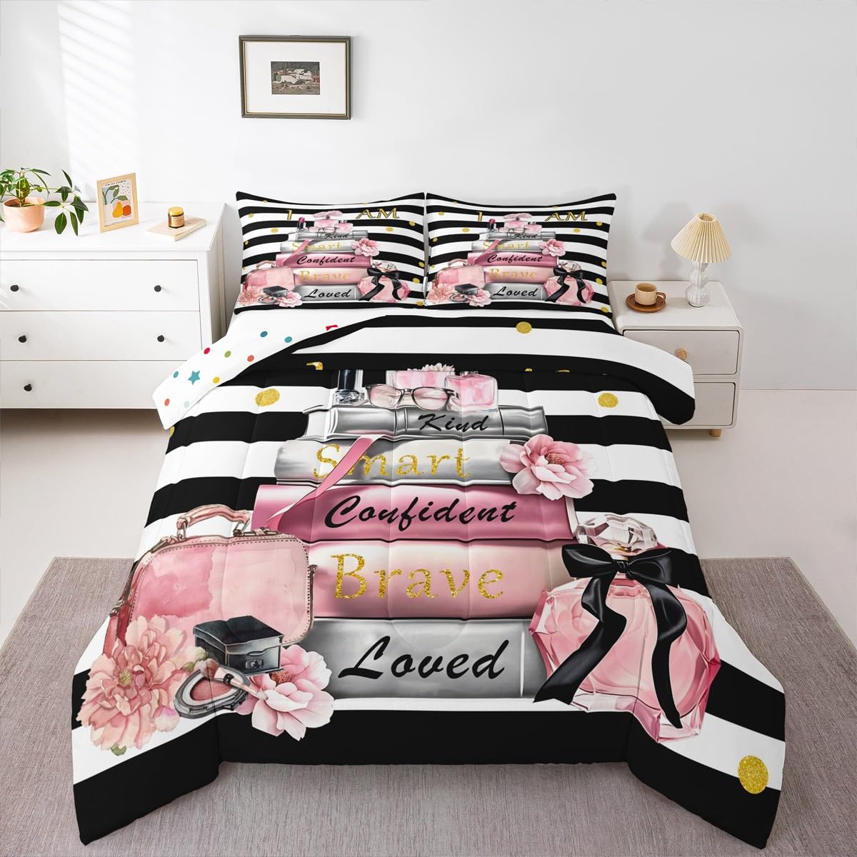 Erosebridal Pink Fashion Comforter King Size for Girls Kids Girly Modern Inspirational Quotes Bedding Set Women Abstract Black White Stripes Bed Set Magazine Books Floral Perfume Makeup Duvet Insert