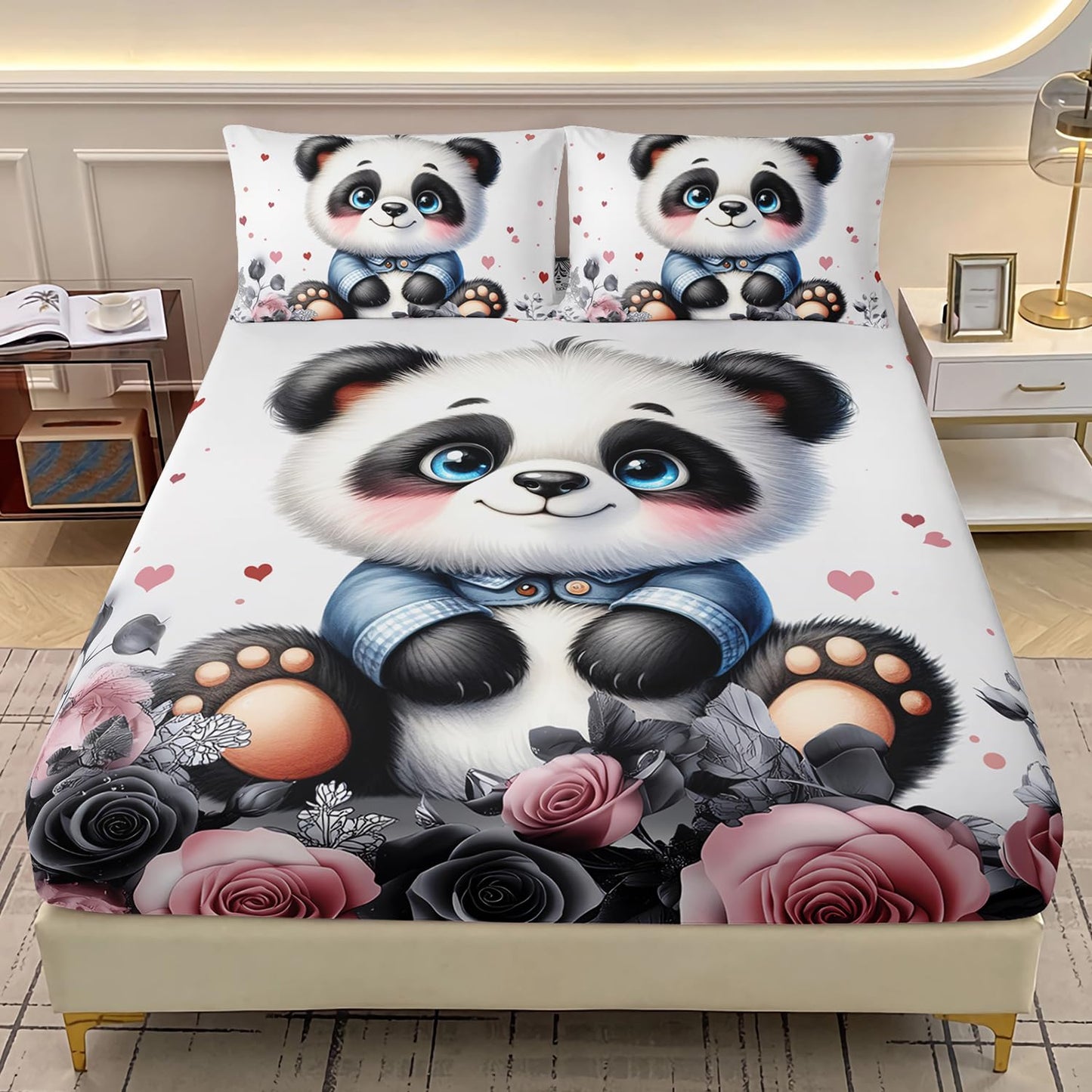 AILONEN Kawaii Panda Fitted Sheet Set Twin XL Size, Rose Flower Plant Bedding Set Perfect for Kids Girls Bedroom,Cute Cartoon Animal Print Bed Sheet Set,3-Pieces,1 Fitted Sheet + 2 Pillowcases