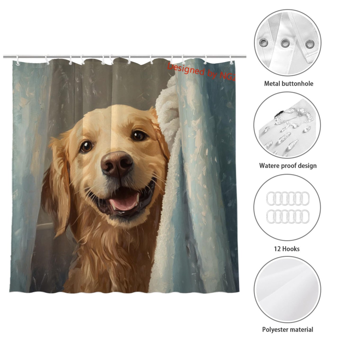 NGZ Funny Dog Cute Golden Retriever Shower Curtain Durable Waterproof Fabric Bathtub Sets Home Fabric Bathroom Shower Curtain Set with Hooks 72x72 Inch