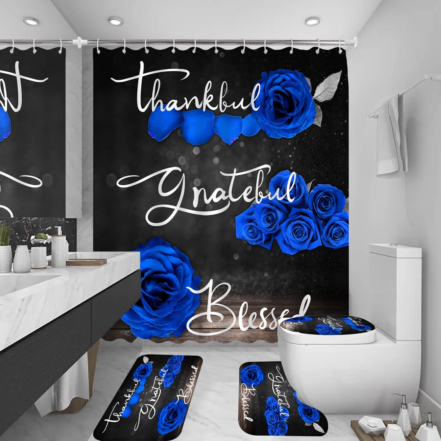4Pcs Blue Rose Shower Curtain Set, Thankful Grateful Blessed Bathroom Curtain with Non-Slip Rug, Toilet Lid Cover, Bath Mat and 12 Hooks, Romantic Royal Blue Floral Wedding Decor for Bath, 72 x 72 in