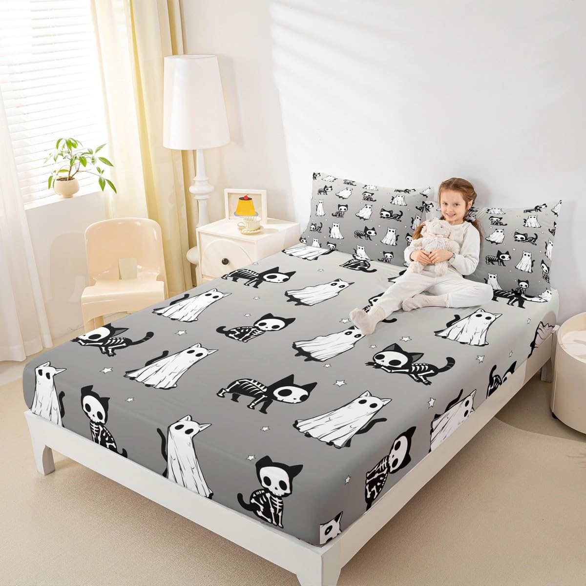 Ghost Cat Bedding Sets Queen Size,Happy Halloween Fitted Sheet 3Pcs for Kids Girls Boys Adult Room Decor,Cat Skeleton Bed Sheet Black Grey White Deep Pocket Sheet,2 Pillowcases