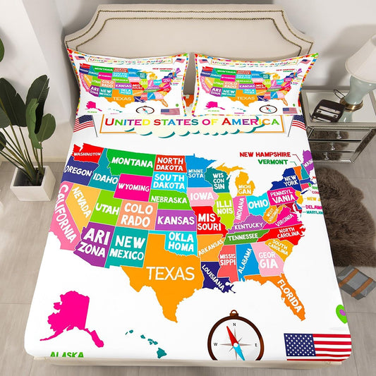 USA Map Fitted Sheet Twin, Geography USA Map Bed Sheet Set for Boys Girls Educational Bedding Set Learning Time Bed Cover 2Pcs (No TOP Sheet)
