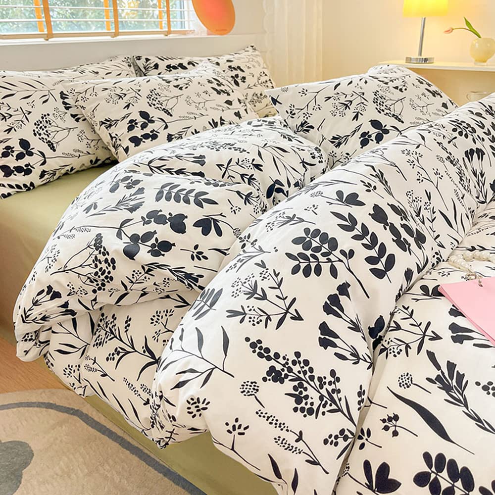 CLOTHKNOW White Black Queen Comforter Set 3Pcs Black Floral Bedding Comforter Sets White Boho Bedding Sets Black Flowers Bed Comforter Sets Queen