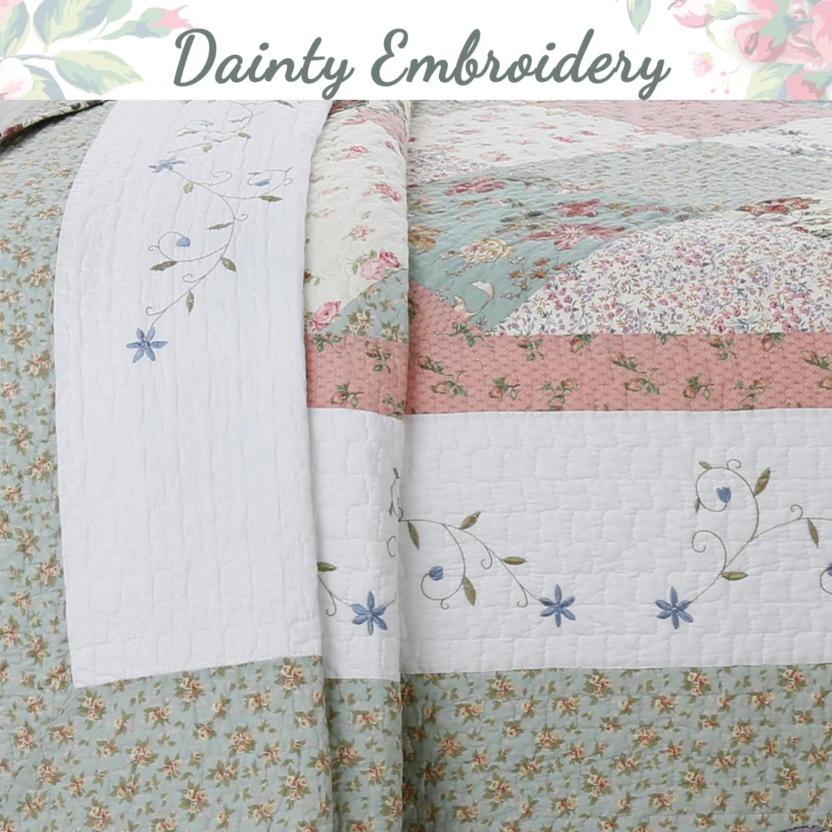 Cozy Line Home Fashions Floral Real Patchwork Green Peach Scalloped Edge Country 100% Cotton Quilt Bedding Set, Reversible Coverlet Bedspread (Celia, Queen - 3 Piece)