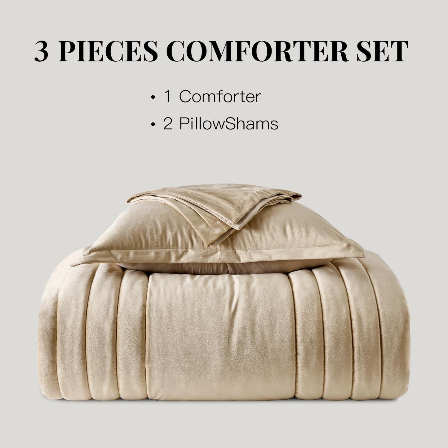 MUSSEL Bedding Comforter Set Queen Size 3 Pieces-Neutral Beige Champagne Striped Lightweight Bedroom Comforter Queen Size,Soft Velvet Bed Set for All Seasons with 2 Shams