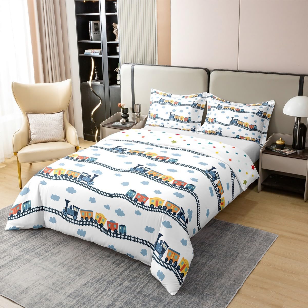 Erosebridal 100% Cotton Kids Train Comforter Cover Twin for Boys Girls Cartoon Car Bedding Set Steam Engine Duvet Cover Railway Vehicles Bed Set Transportation Truck Quilt Cover with 1 Pillow Case