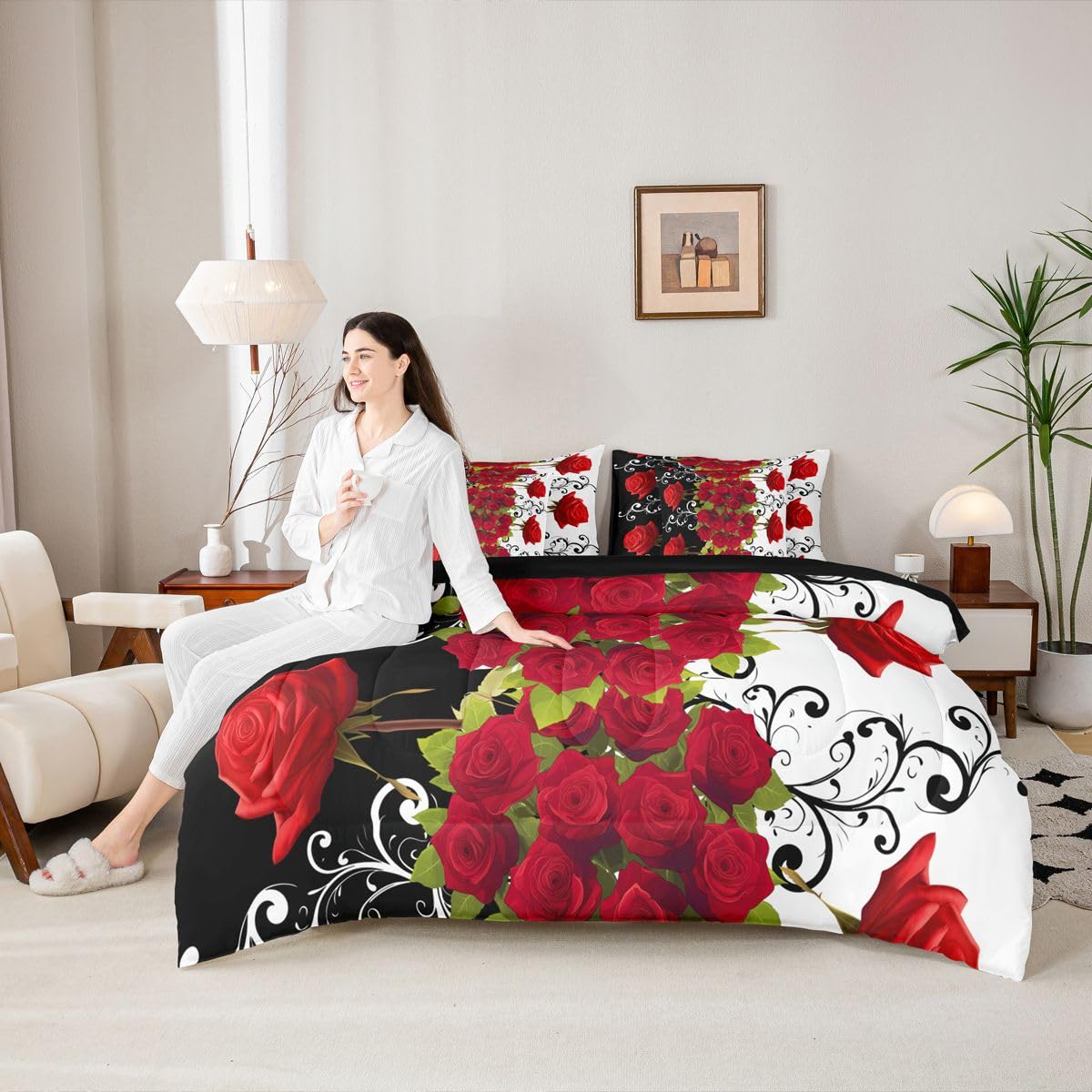 Erosebridal Valentine Roses Queen Comforter Set with Sheets 7 Piece Romantic Red Florals Bed in A Bag Valentine Day Gift Bedding Sets for Women Men Adults,Stylish Aesthetic Bed Set