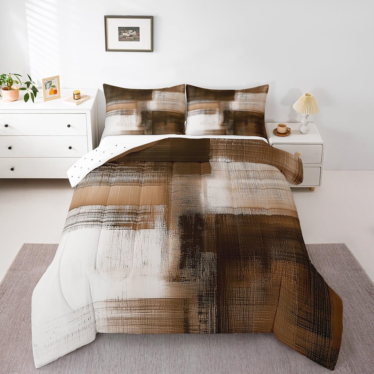 Feelyou Brown Abstract Art Comforter Set for Kids Boys Girls Modern Art Bedding Set Queen Size Abstract Oil Painting Duvet Quilt Geometric Bedroom Decor Breathable Soft Lightweight Microfiber 3Pcs