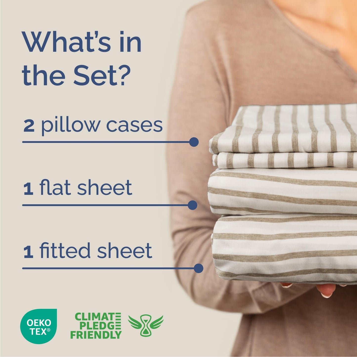 Queen Size 4 Piece Sheet Set - Comfy Breathable & Cooling Sheets - Hotel Luxury Bed Sheets for Women & Men - Deep Pockets, Easy-Fit, Soft & Wrinkle Free Sheets - Beige Stripes Oeko-Tex Bed Sheet Set