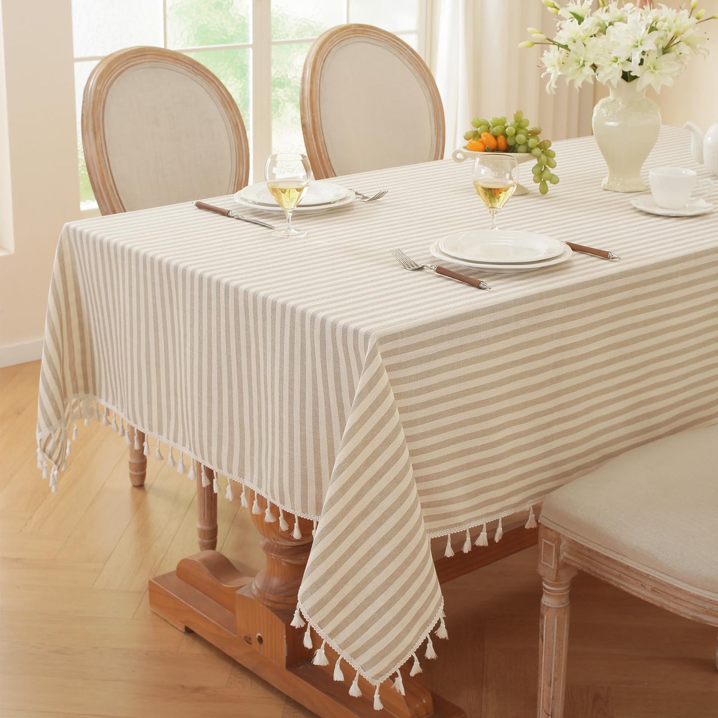 Laolitou Beige Striped Table Cloth Square Table Wrinkle Resistant Cotton Linen Tablecloth Washable Table Cover for Dining Kitchen,Beige and White,55"X55"