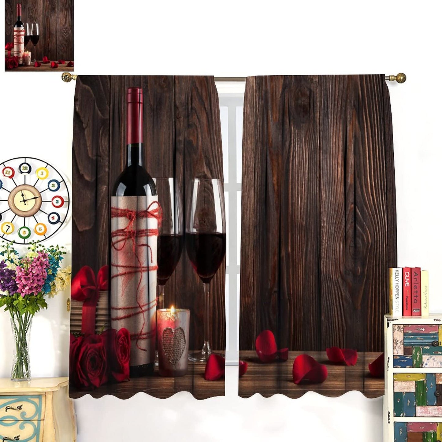Red Rose and Wine Blackout Curtains, Red Wine Glass and Rose on Old Rustic Wood Window Drapes Rod Pocket Curtains, for Kitchen Living Room Bedroom 42x45in 2 Panels