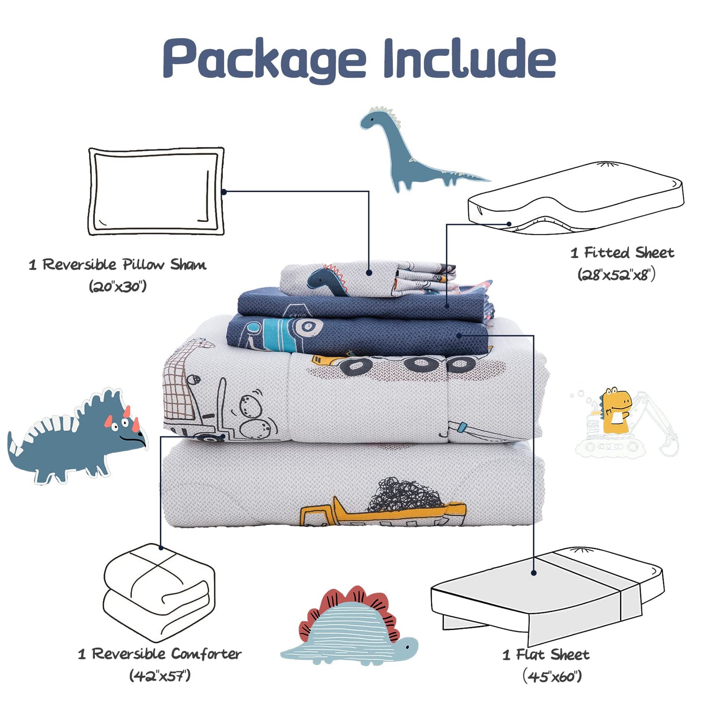 DJY 4 Pieces Cotton Toddler Bedding Set, Dinosaur Cars Reversible Toddler Bed Comforter Set for Kids Boys Girls, Includes Quilted Comforter, Flat Sheet, Fitted Sheet and Pillowcase